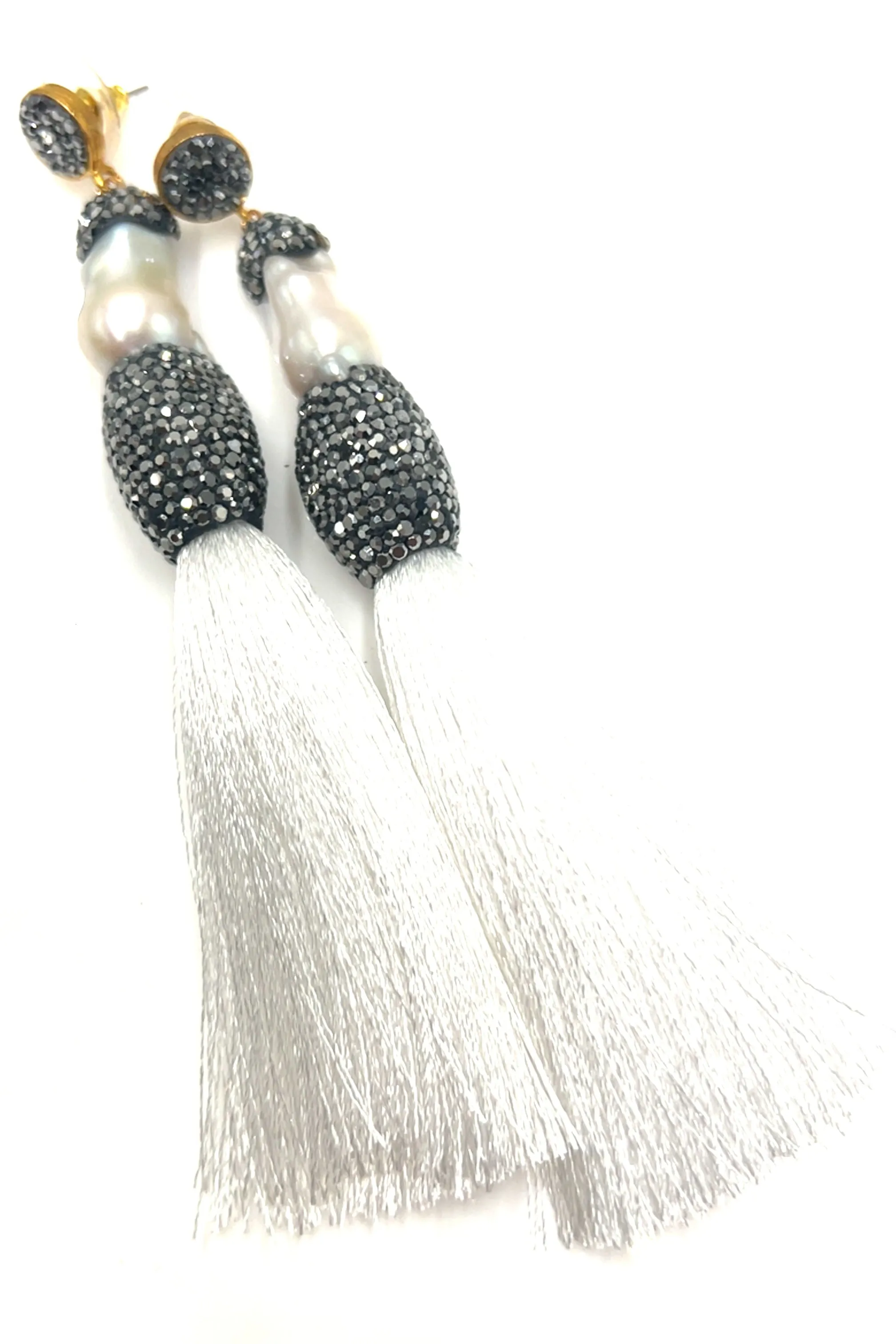 Baroque Cultured Pearl Silver Crystal Gold Plated Tassel Earring