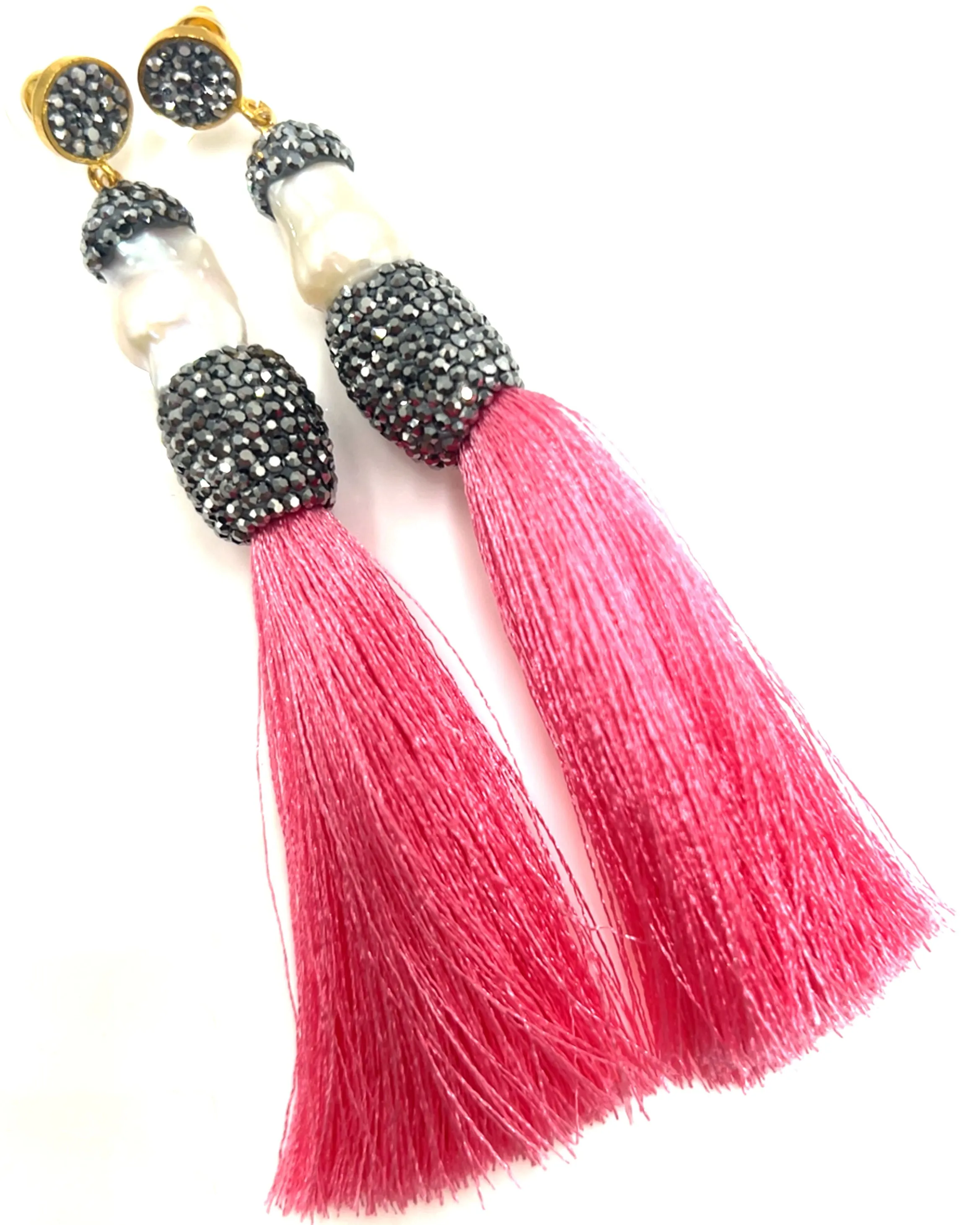 Baroque Cultured Pearl Silver Crystal Gold Plated Tassel Earring