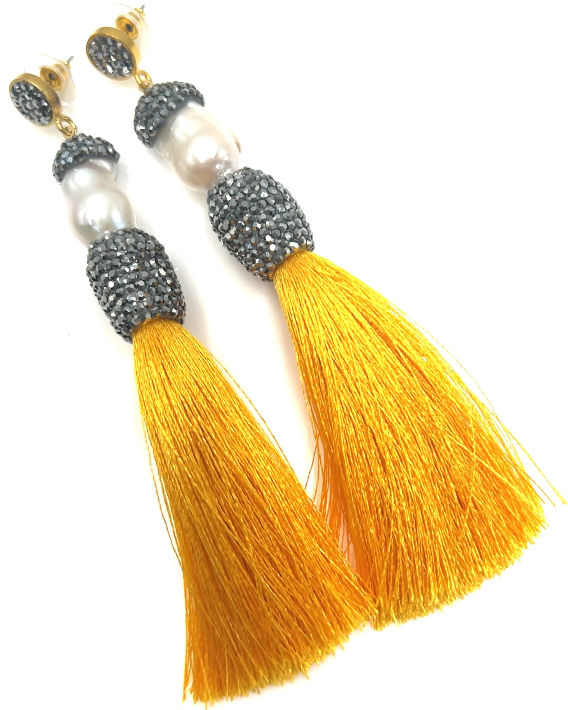 Baroque Cultured Pearl Silver Crystal Gold Plated Tassel Earring