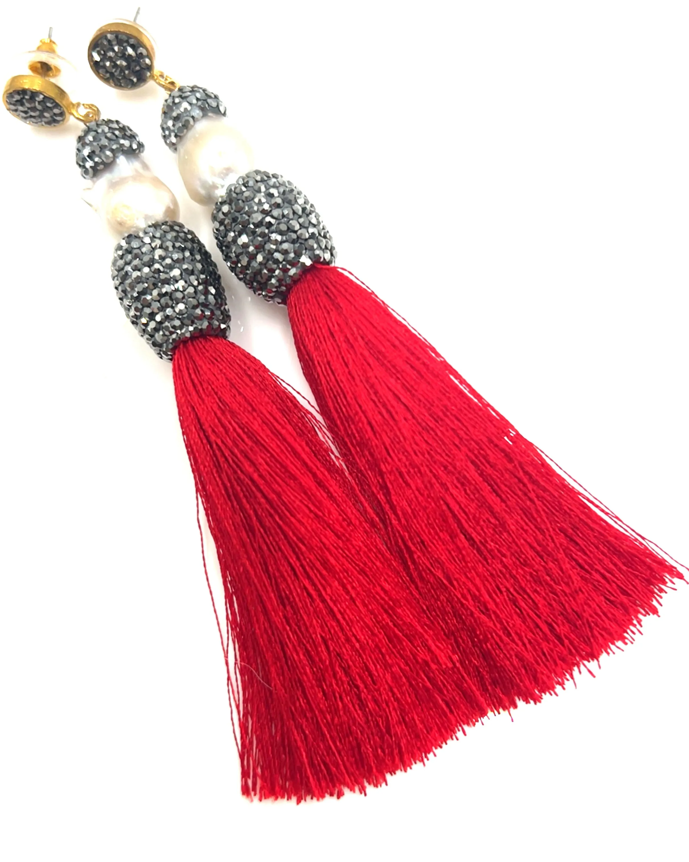 Baroque Cultured Pearl Silver Crystal Gold Plated Tassel Earring