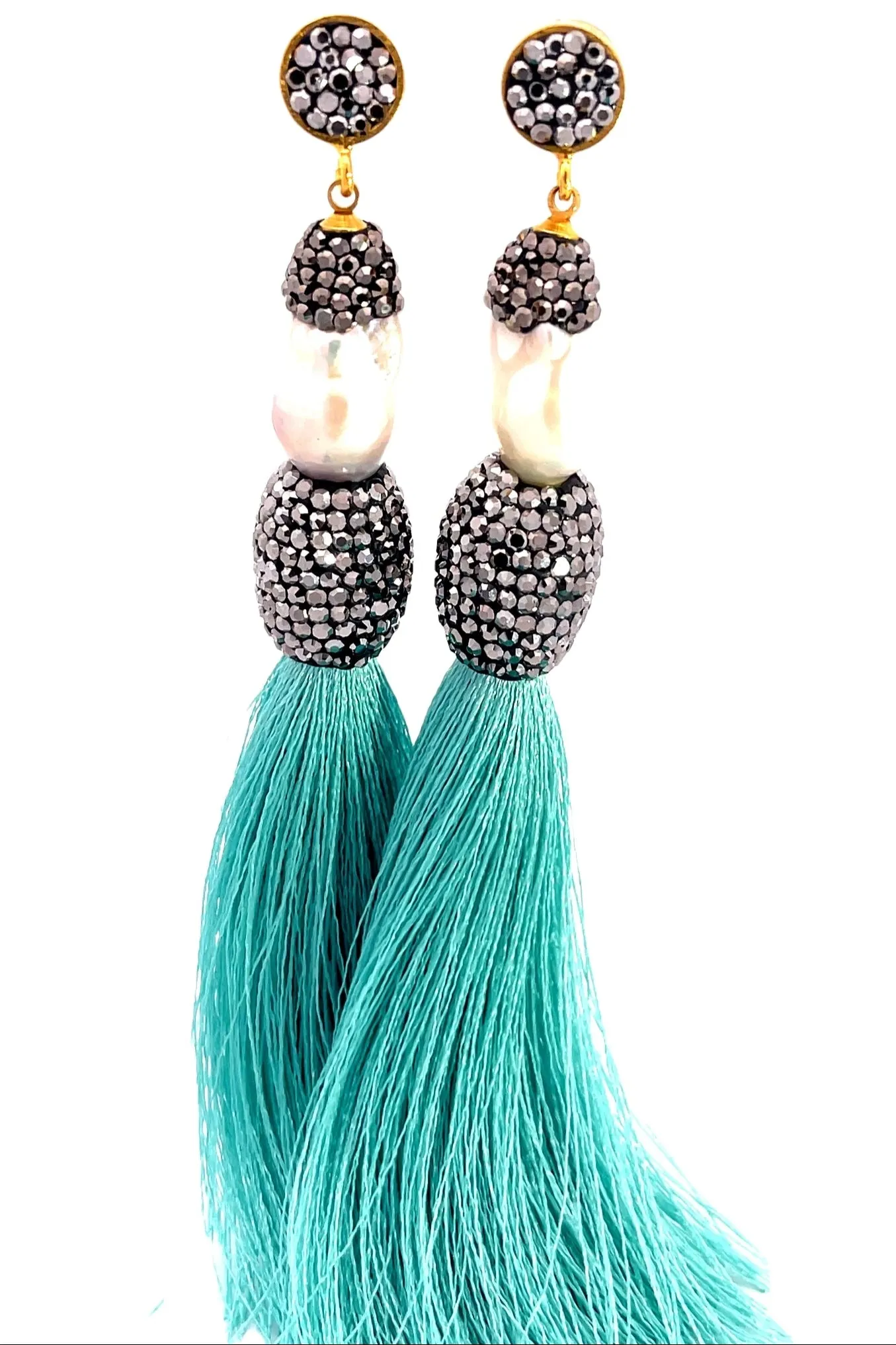 Baroque Cultured Pearl Silver Crystal Gold Plated Tassel Earring