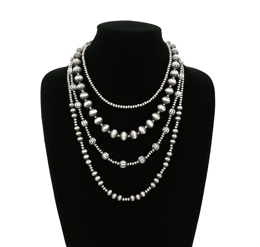 Bavarian 4 Layered Navajo Bead Necklace Set - Silver