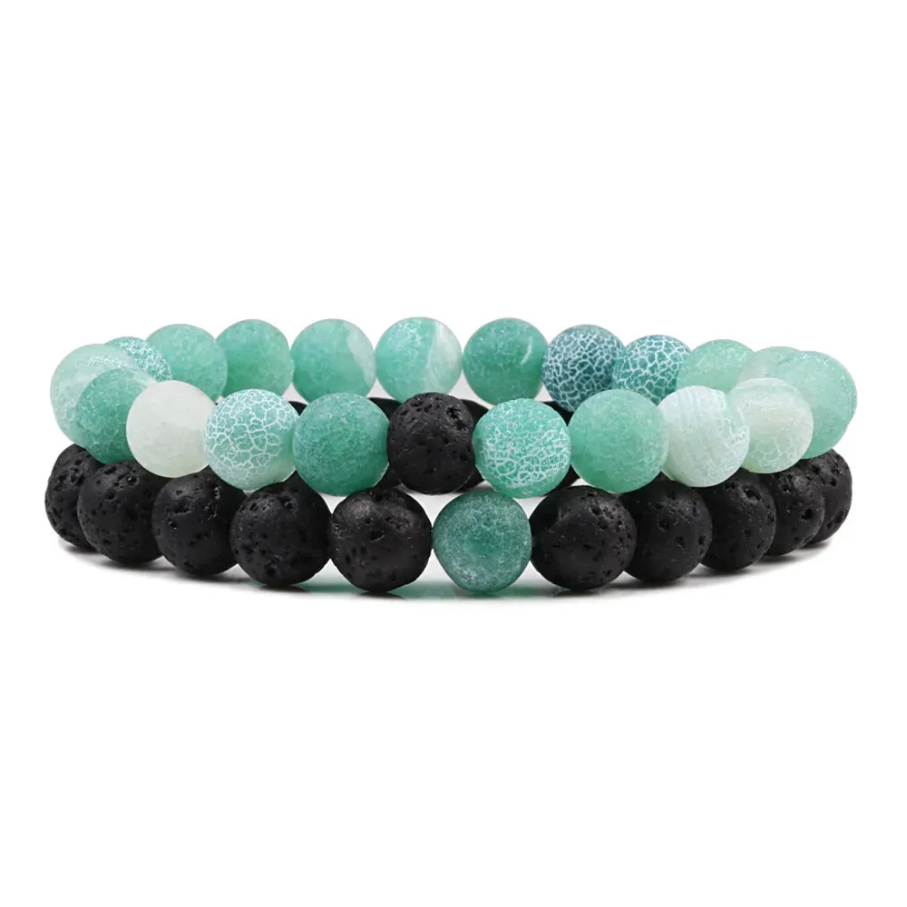 Beaded Bracelets Bangles Set Natural Lava Stone Couples Distance Energy Elastic Rope Men Women Best Friend Jewelry Gift