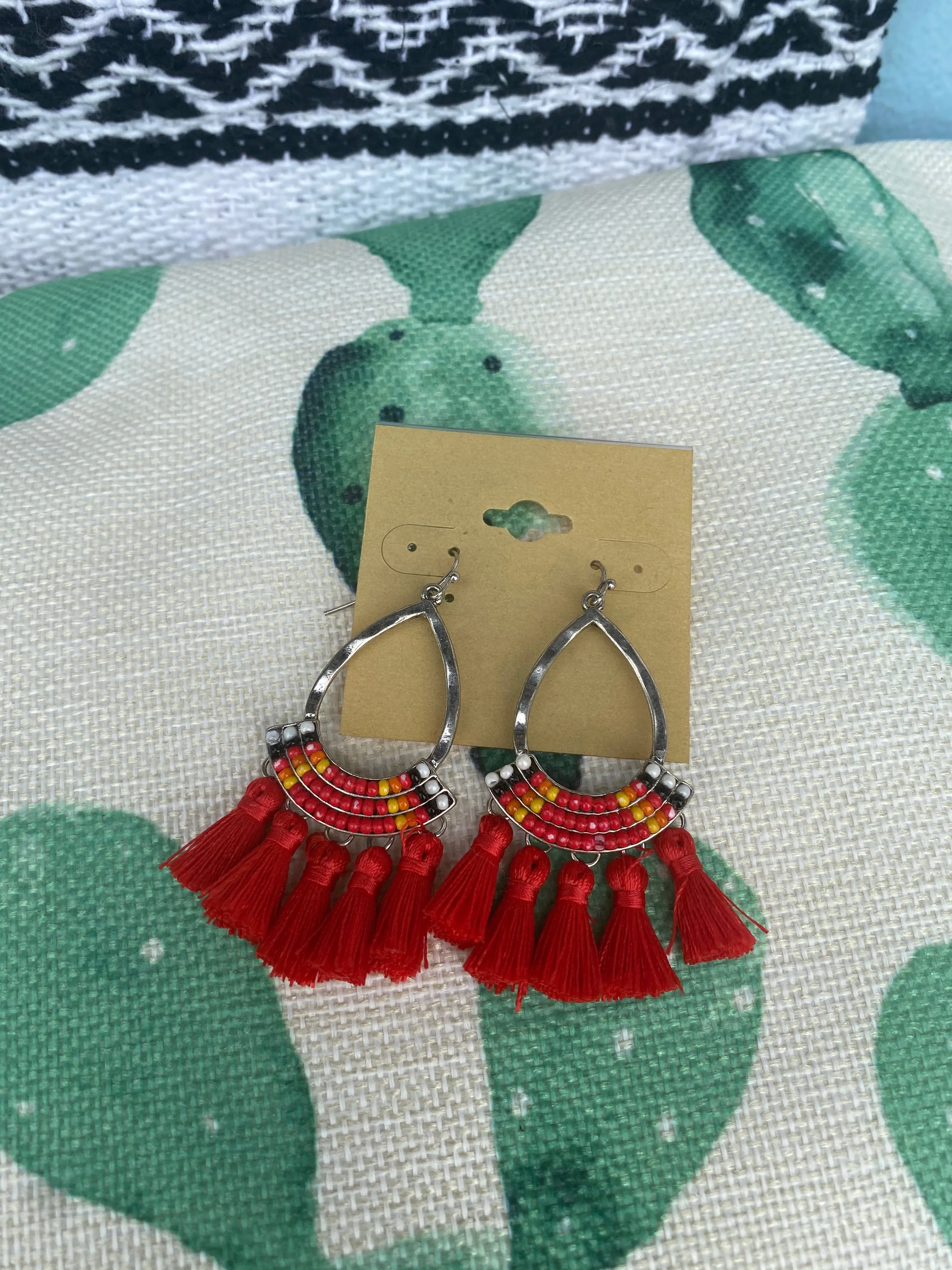 Beaded Red Fringe Earrings