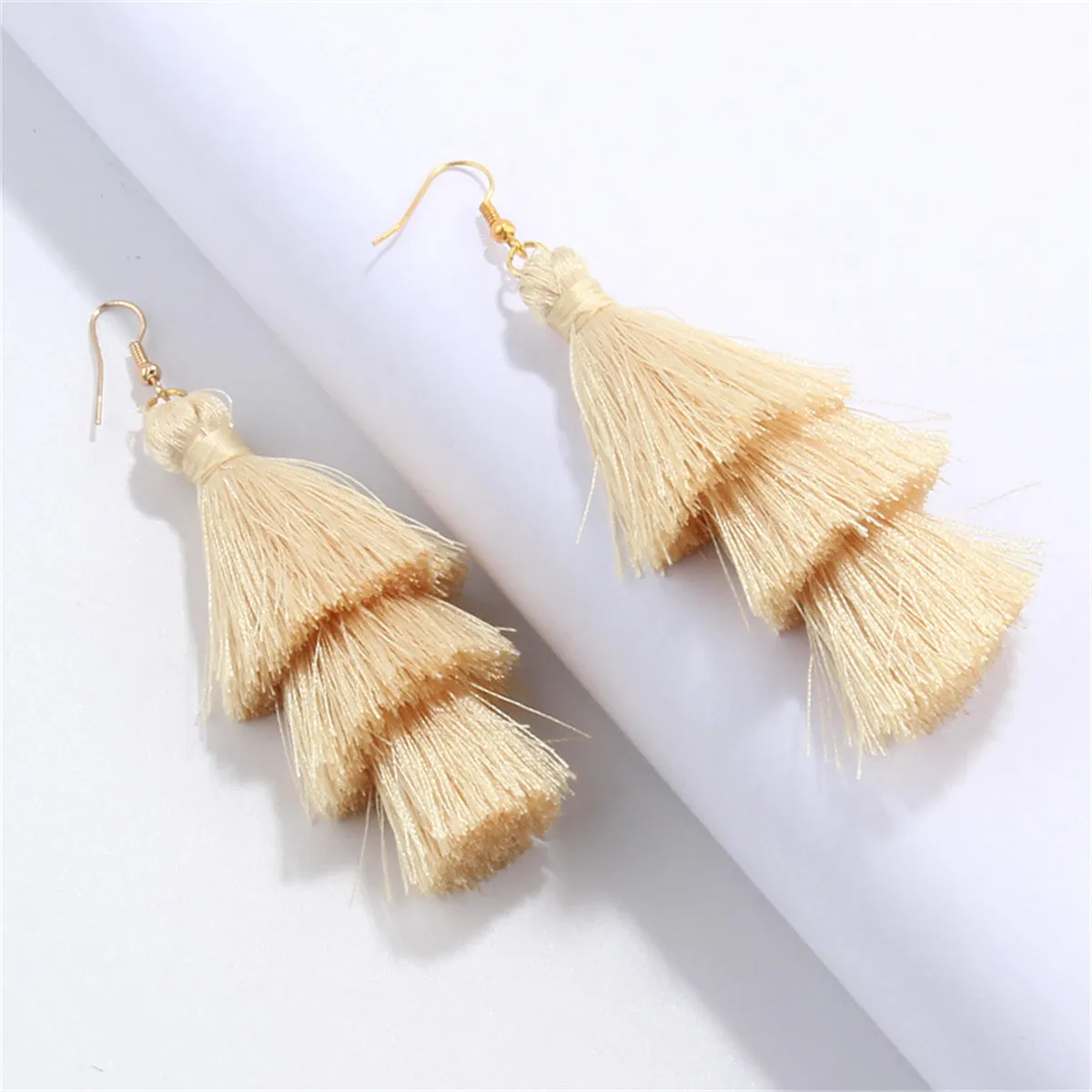 Beige & 18K Gold-Plated Layered Tassel Drop Earrings