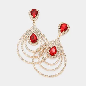 Big Red Crystal Teardrop and Rhinestone Dangle Pageant Earrings | Prom Jewelry | 616409
