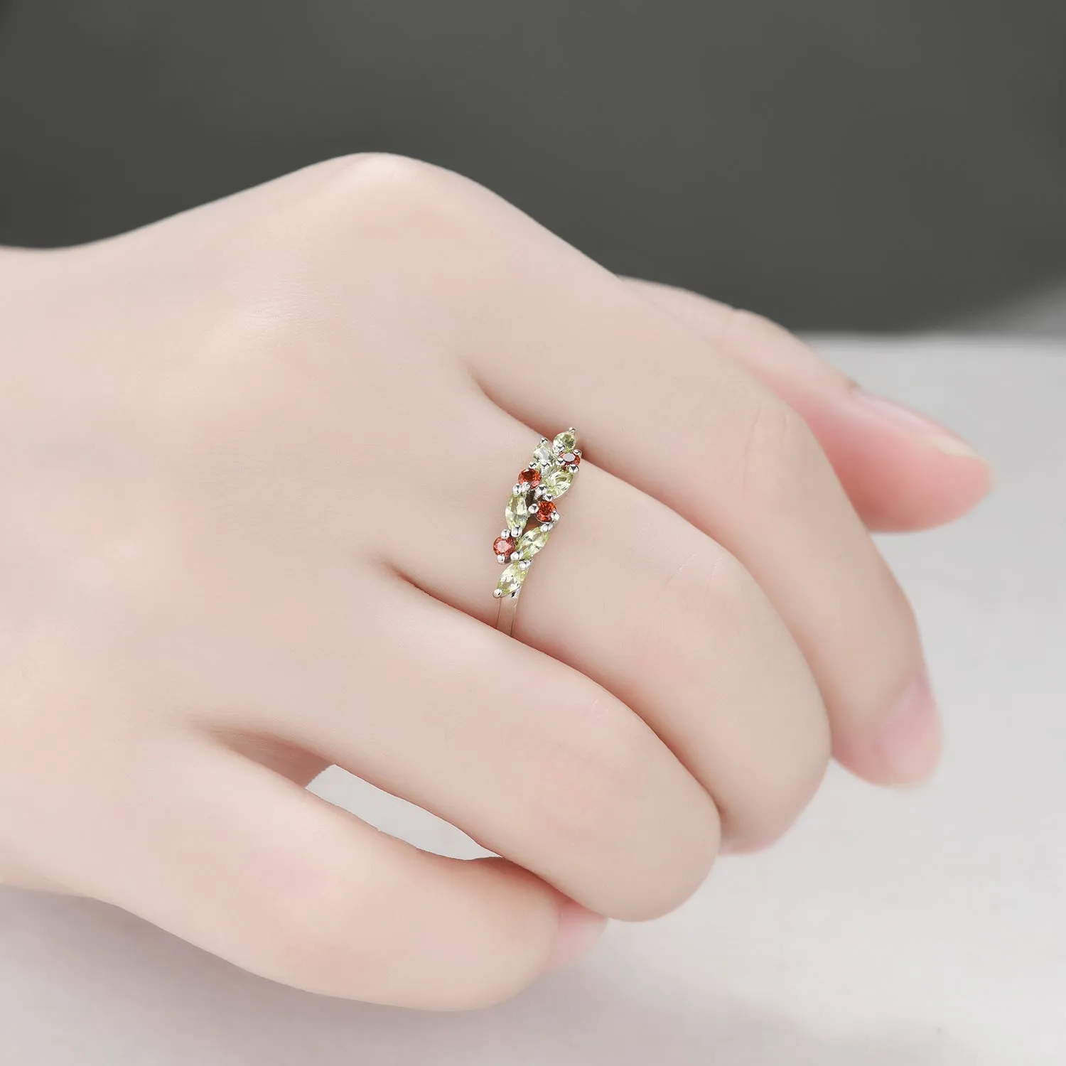Birthstone Peridot Garnet Cluster Wedding Band White Gold Ring Multi-Color Band