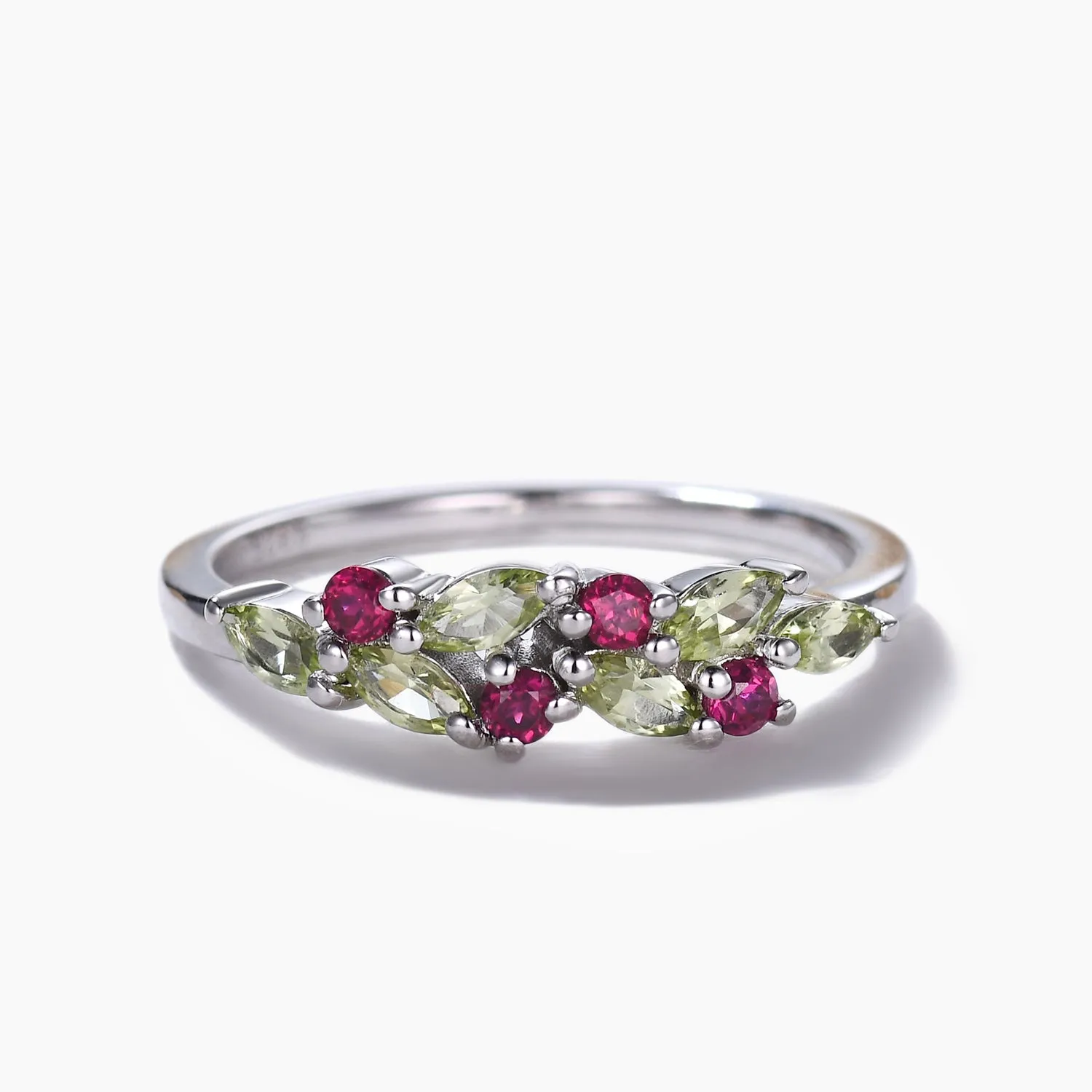 Birthstone Peridot Garnet Cluster Wedding Band White Gold Ring Multi-Color Band