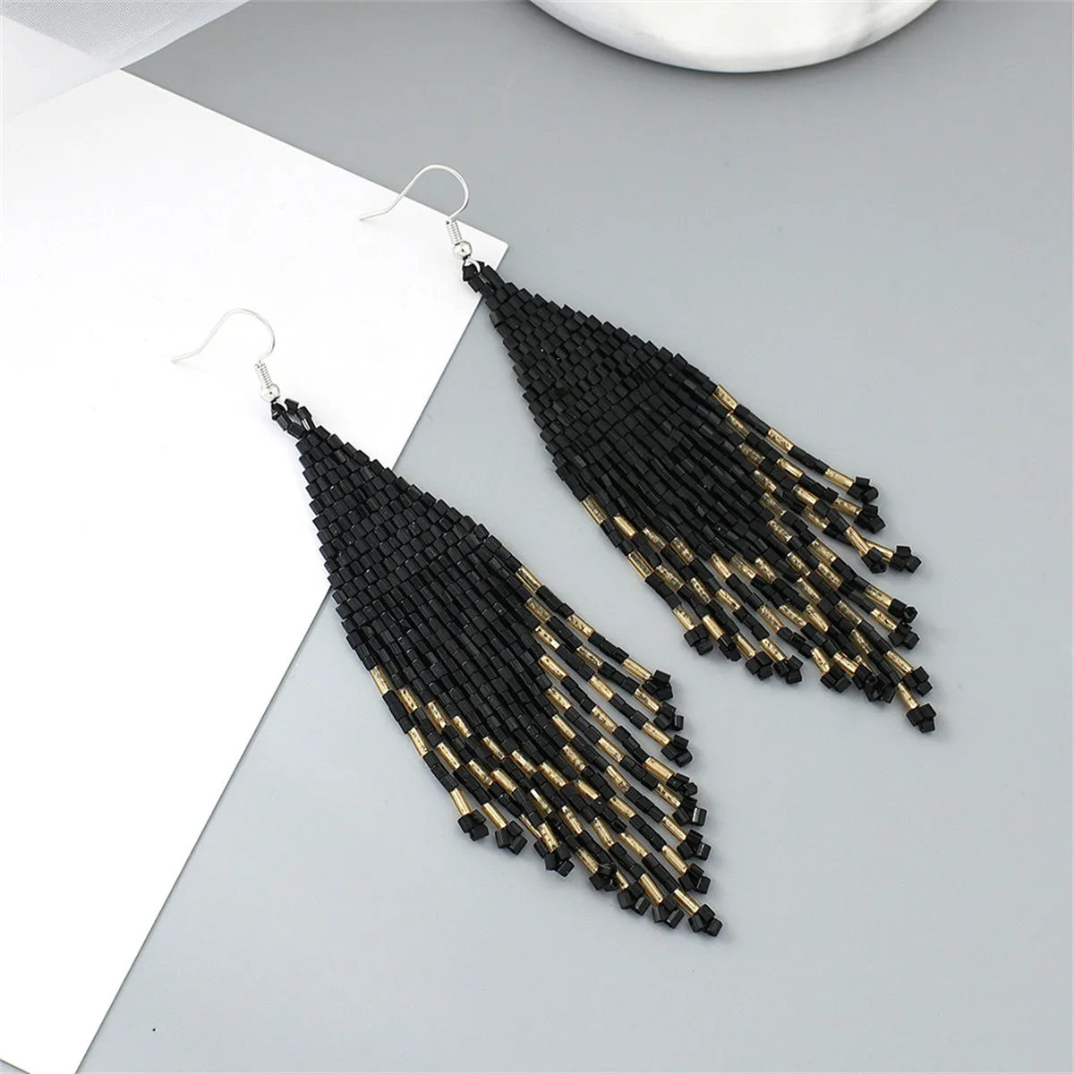 Black & Silver-Plated Tassel Drop Earrings