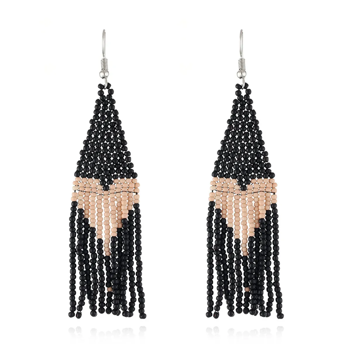 Black Howlite & Silver-Plated Heart Tassel Drop Earrings