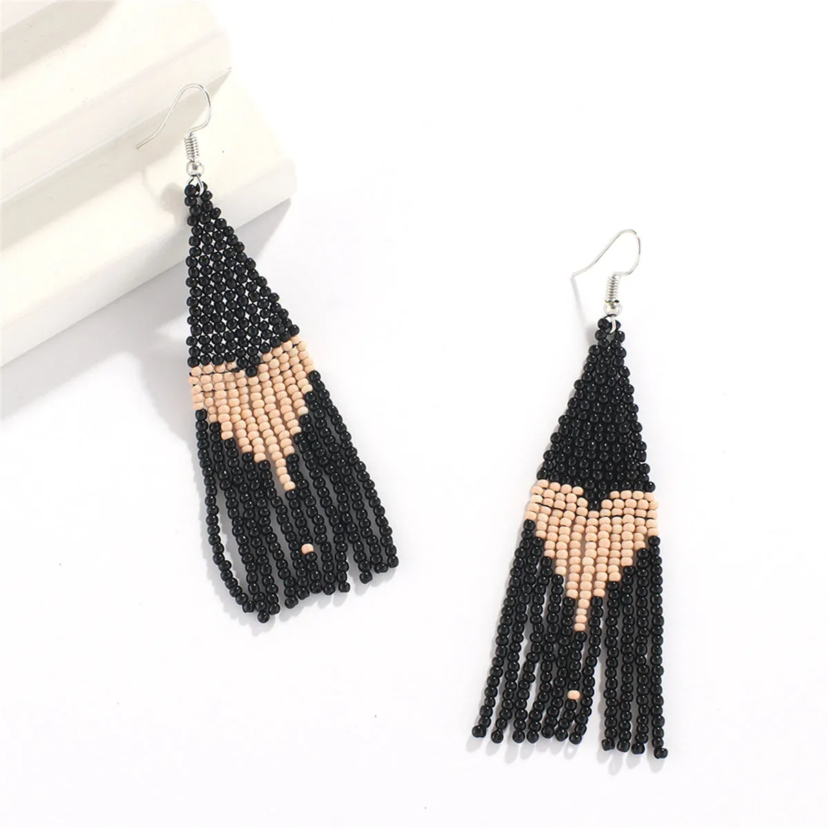 Black Howlite & Silver-Plated Heart Tassel Drop Earrings