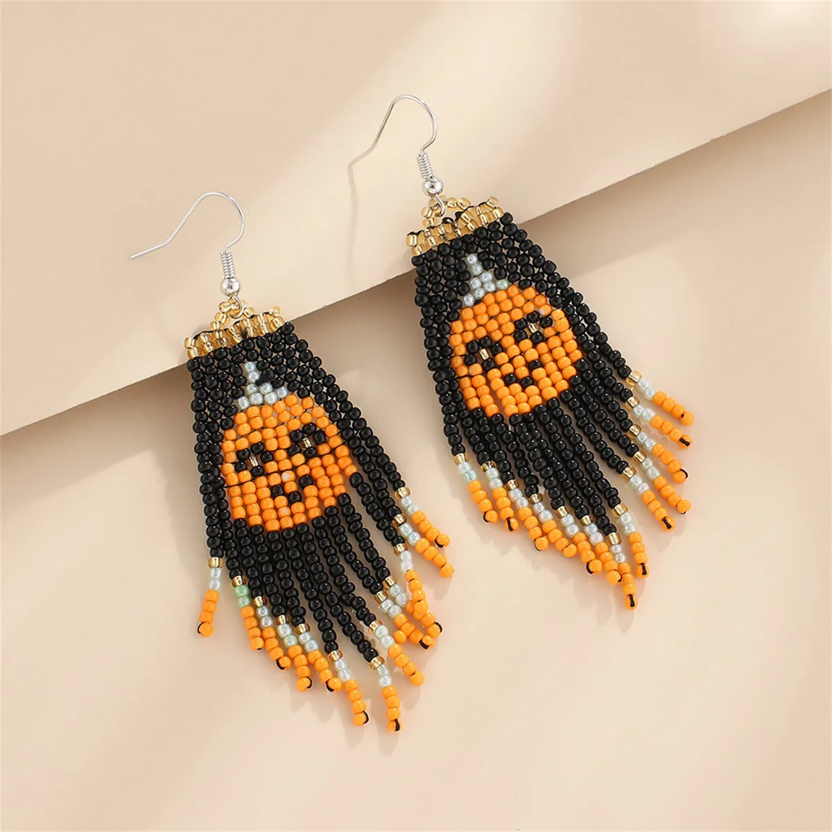 Black Howlite & Silver-Plated Pumpkin Tassel Drop Earrings