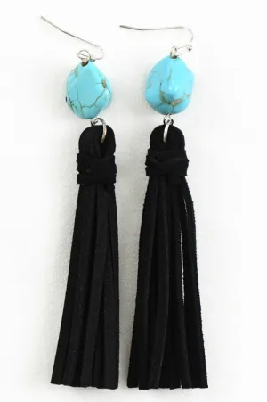 Black Suede Tassel Earrings with Blue Turquoise Stone