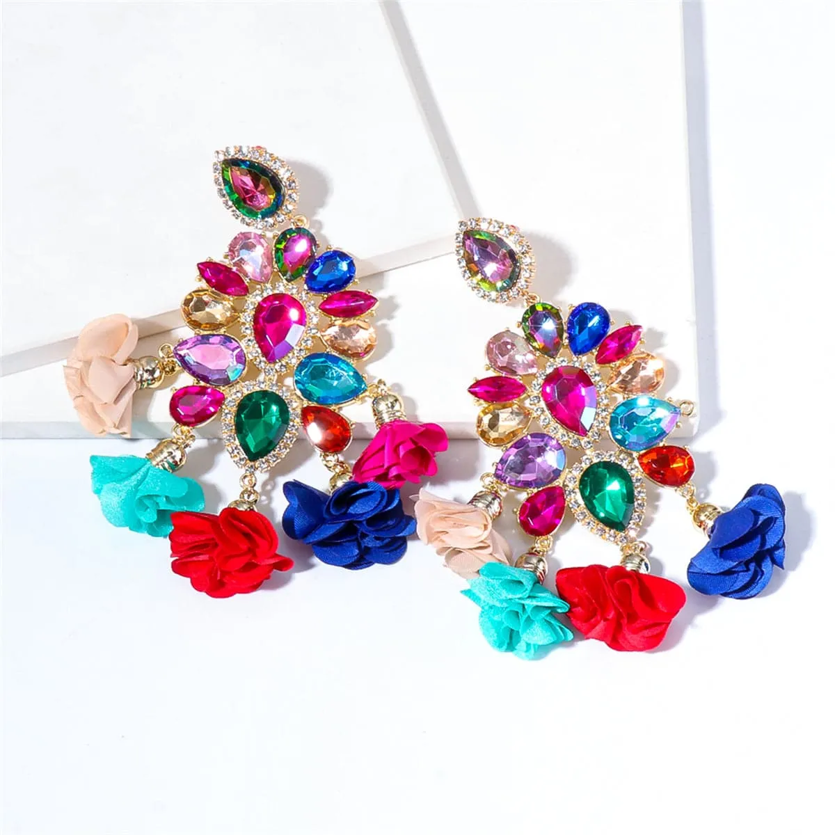 Blue & Pink Flower Tassel Drop Earring