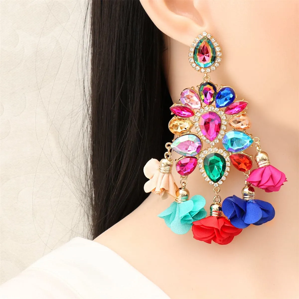 Blue & Pink Flower Tassel Drop Earring