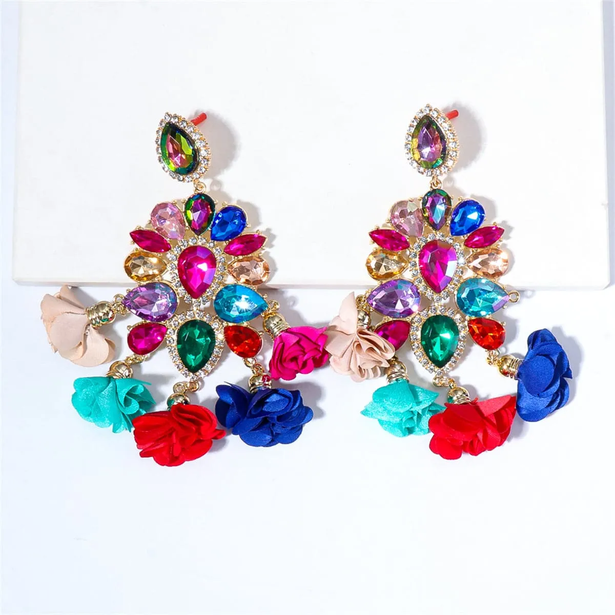 Blue & Pink Flower Tassel Drop Earring