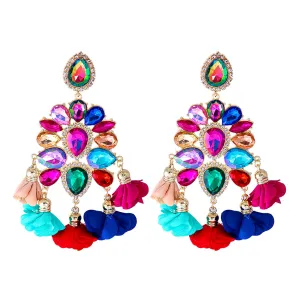 Blue & Pink Flower Tassel Drop Earring