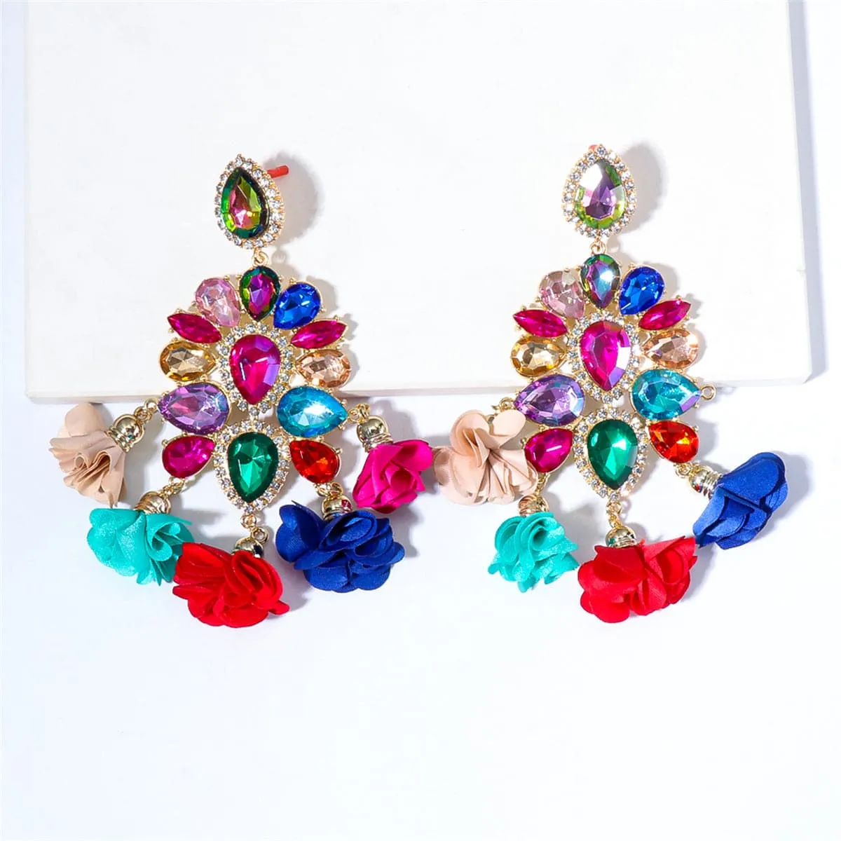 Blue & Pink Flower Tassel Drop Earring