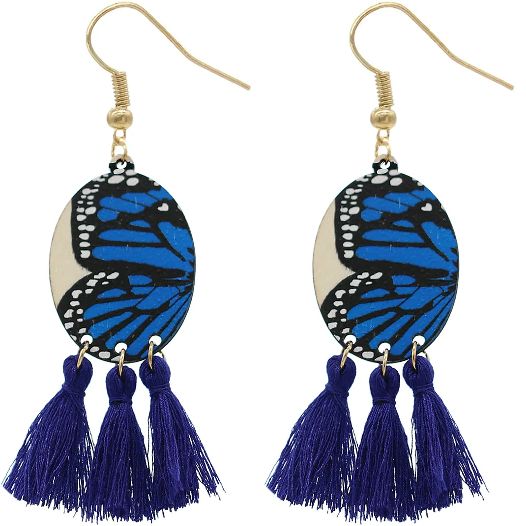 Blue Butterfly Tassel Wooden Dangle Earrings