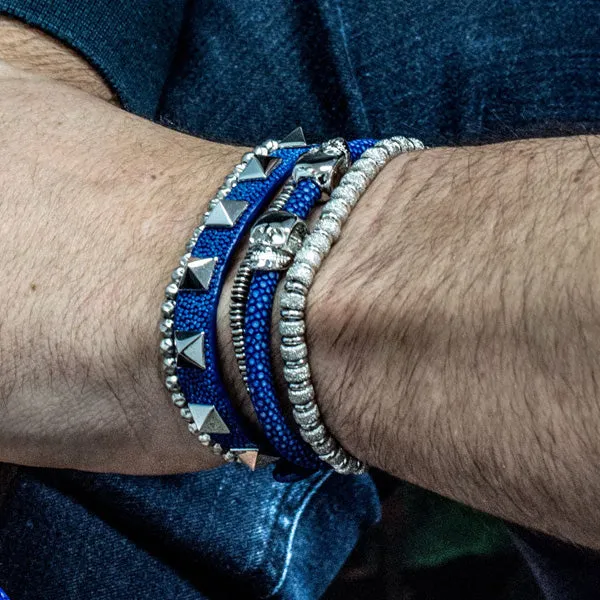 Blue  Double Skull Stingray Leather with Silver