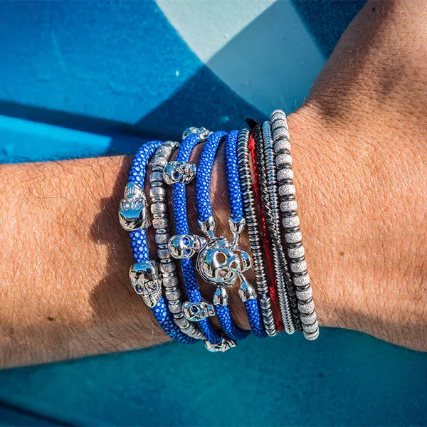 Blue  Double Skull Stingray Leather with Silver