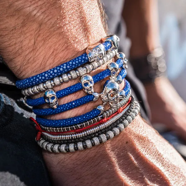 Blue  Double Skull Stingray Leather with Silver