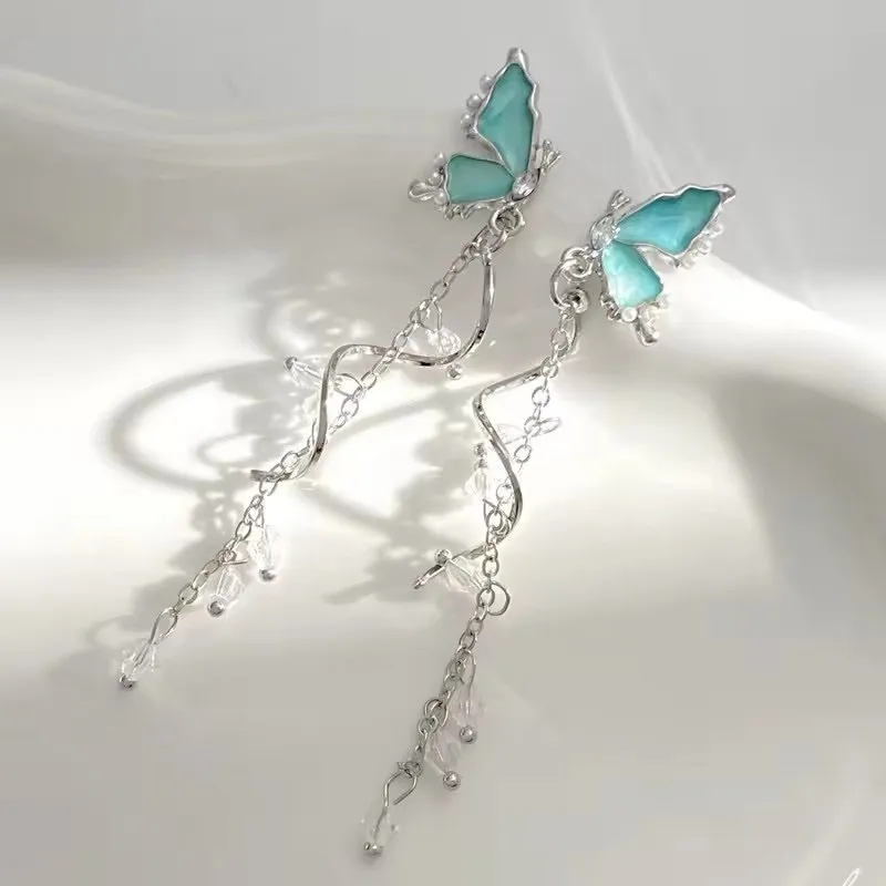 Blue fairy butterfly tassel earrings