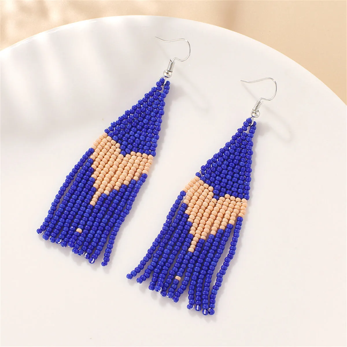 Blue Howlite & Silver-Plated Heart Tassel Drop Earrings