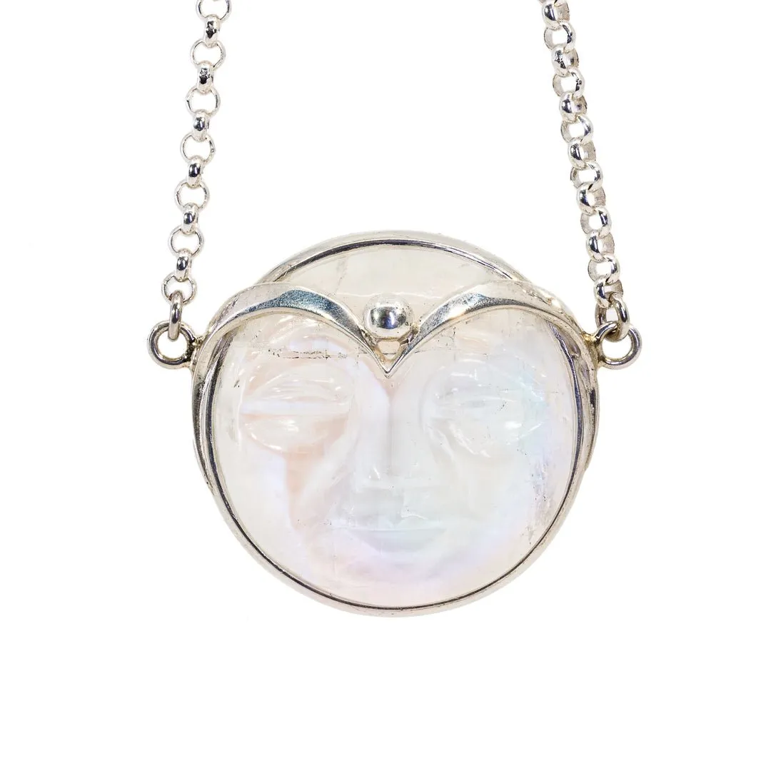 Blue Moonstone 47.91 Carat Face with Crown Handcrafted Sterling Silver 22 Inch Necklace