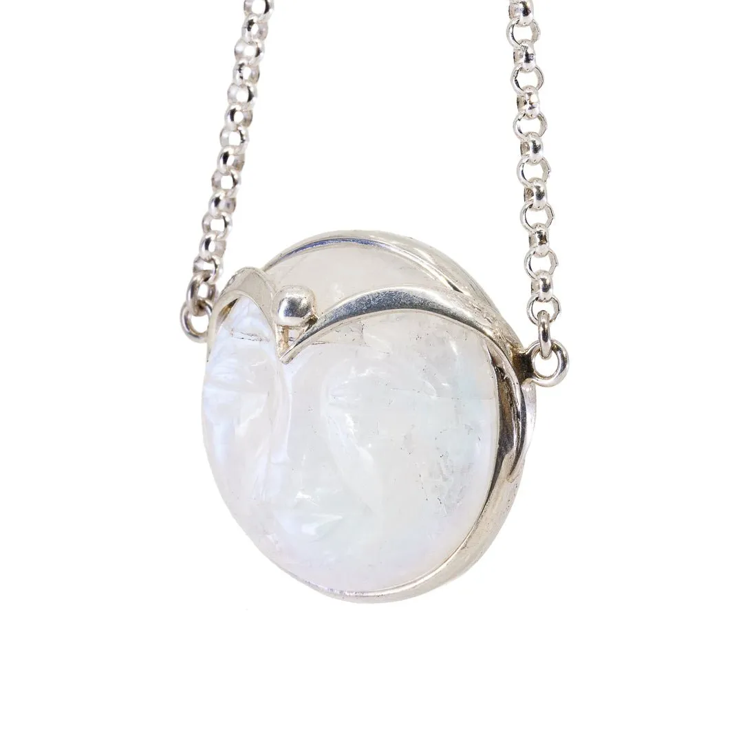 Blue Moonstone 47.91 Carat Face with Crown Handcrafted Sterling Silver 22 Inch Necklace