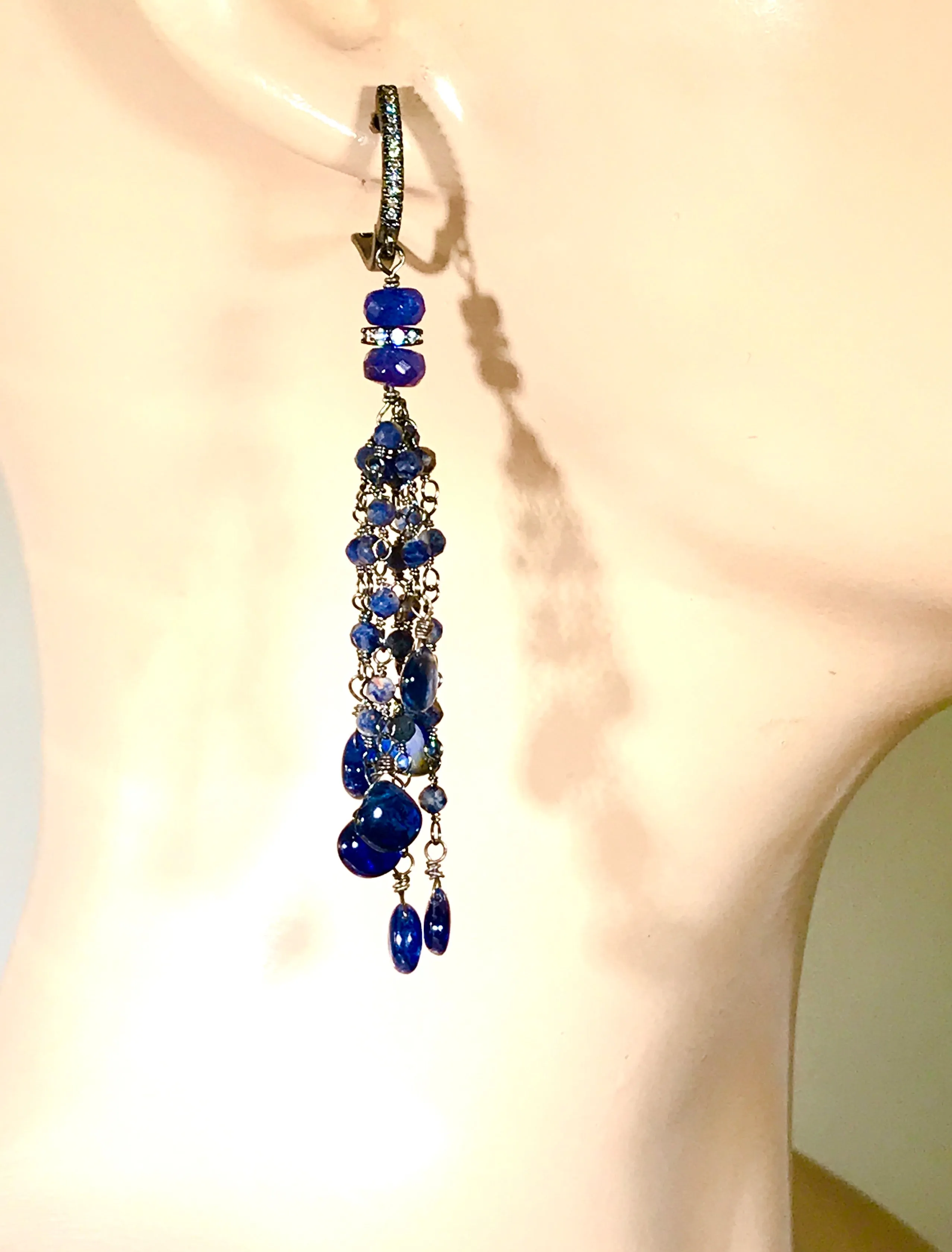 Blue Sapphire Kyanite Boho Tassel Earrings in Oxidized Sterling Silver