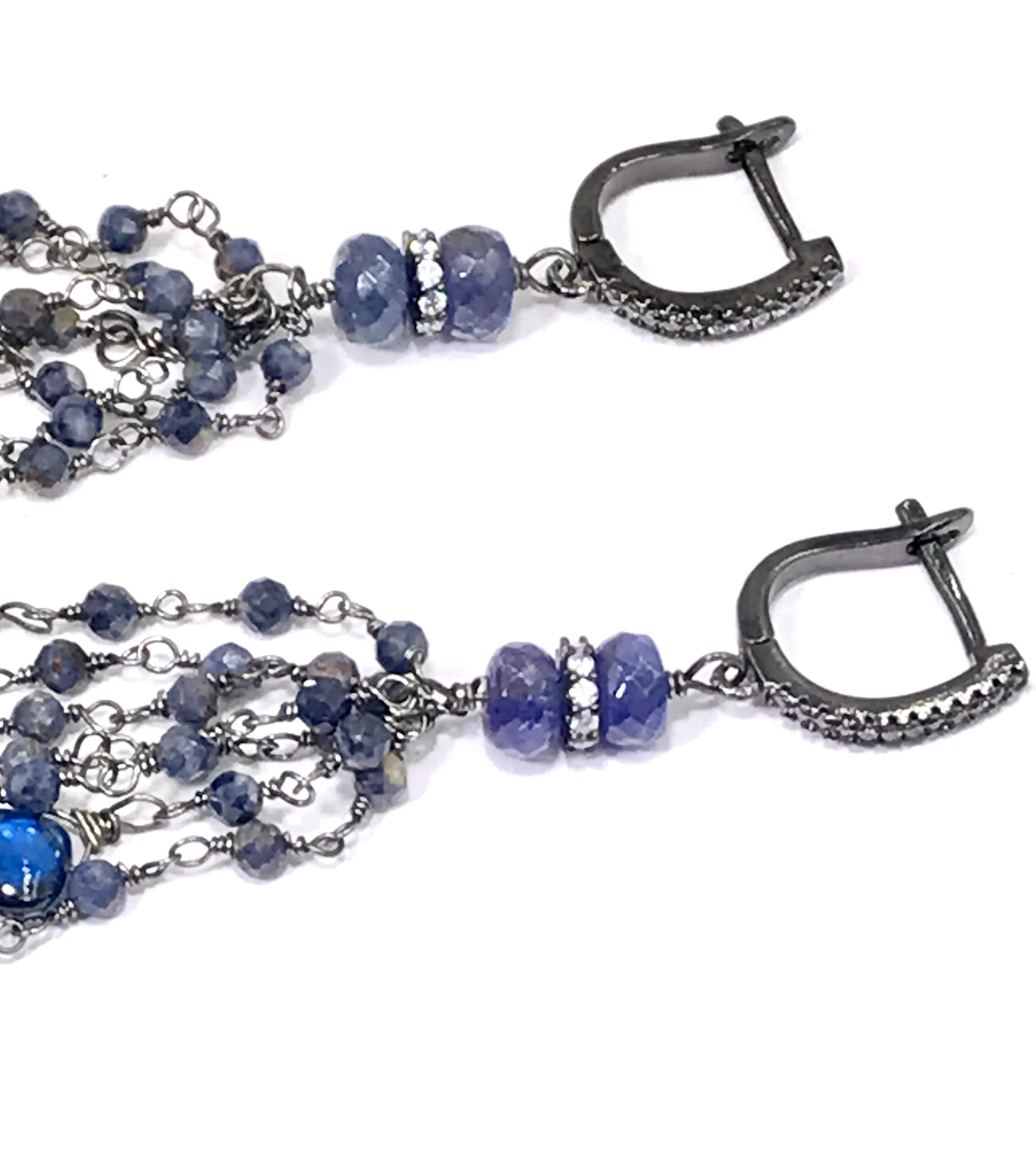 Blue Sapphire Kyanite Boho Tassel Earrings in Oxidized Sterling Silver