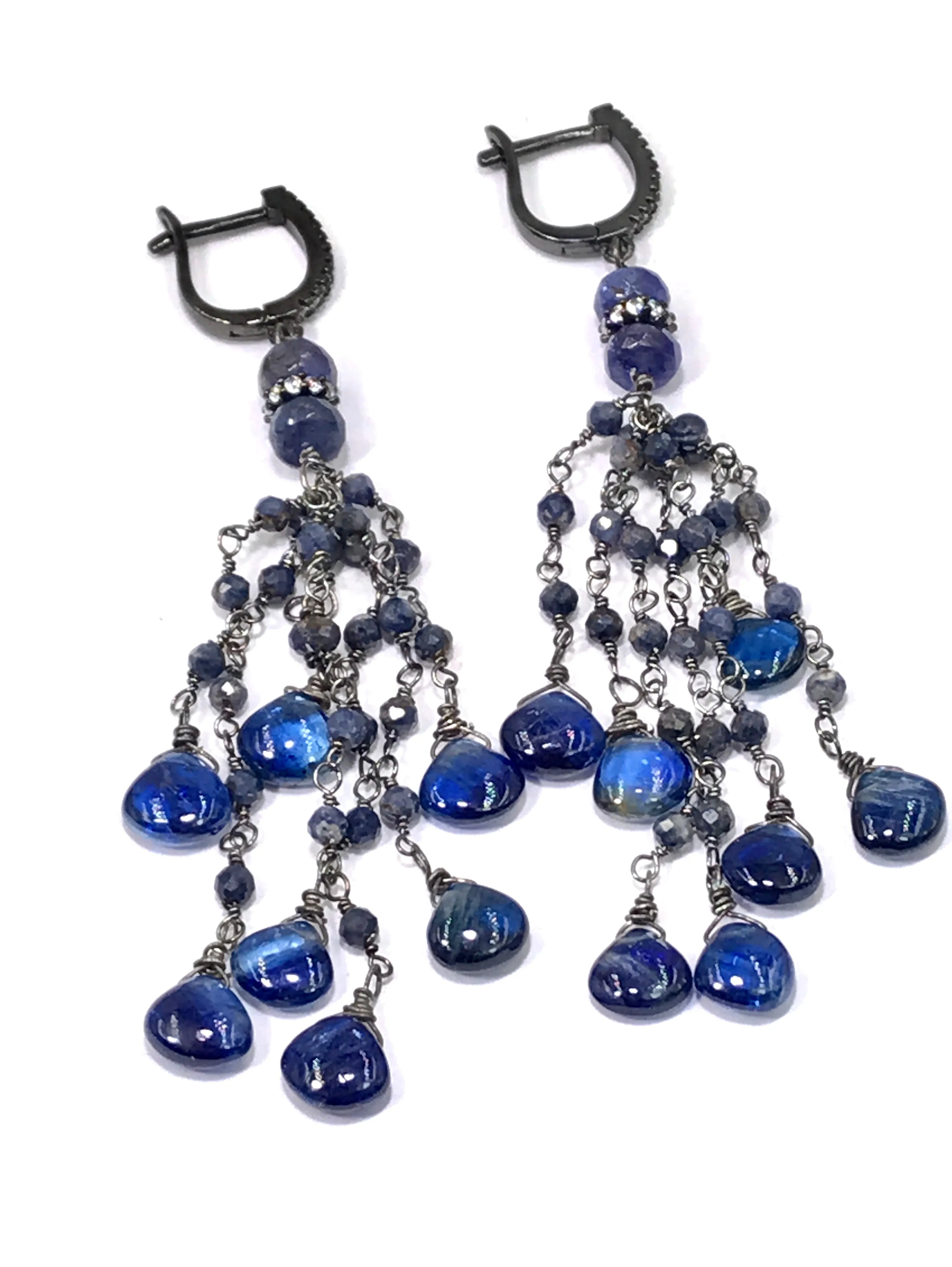 Blue Sapphire Kyanite Boho Tassel Earrings in Oxidized Sterling Silver
