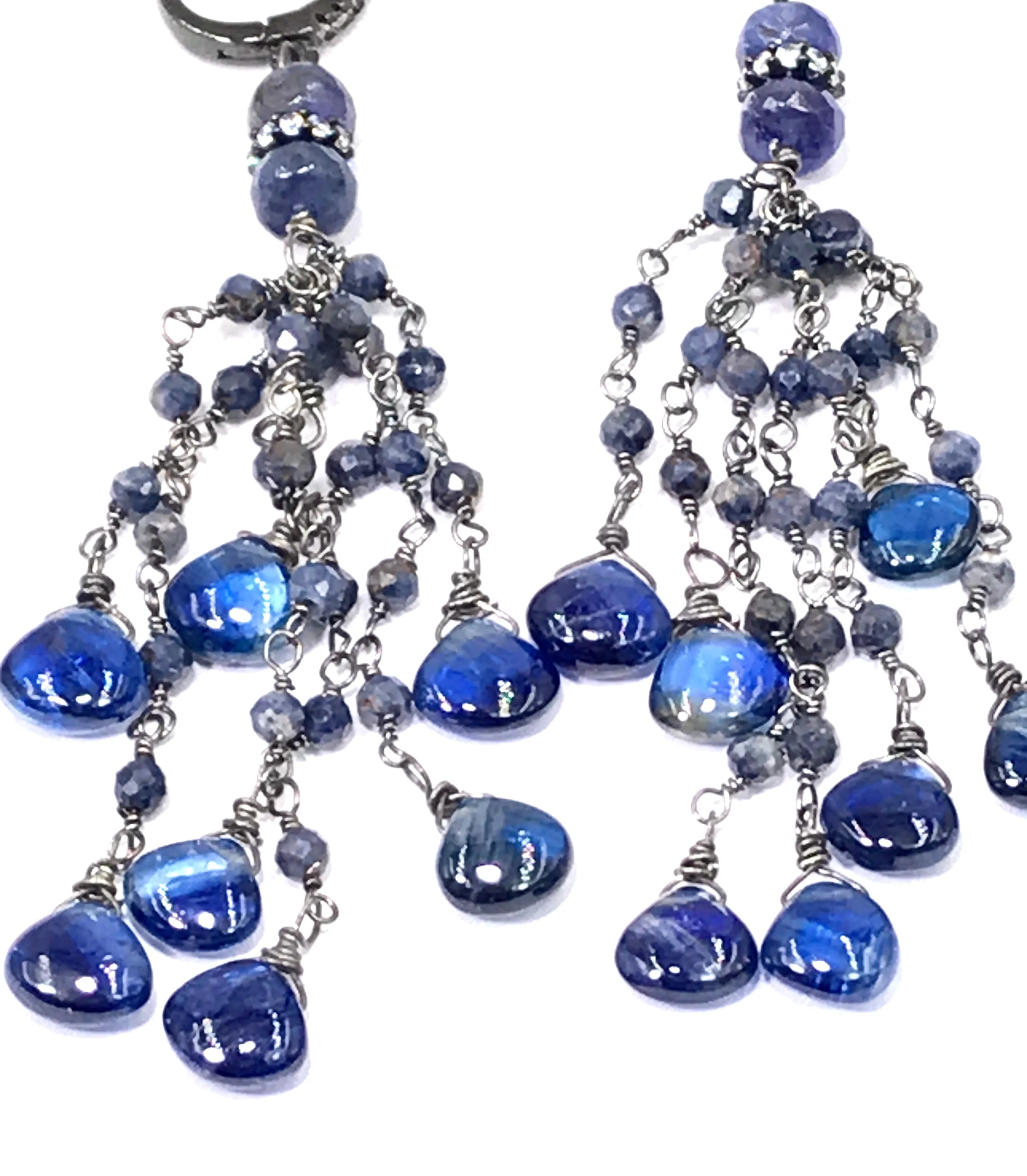 Blue Sapphire Kyanite Boho Tassel Earrings in Oxidized Sterling Silver