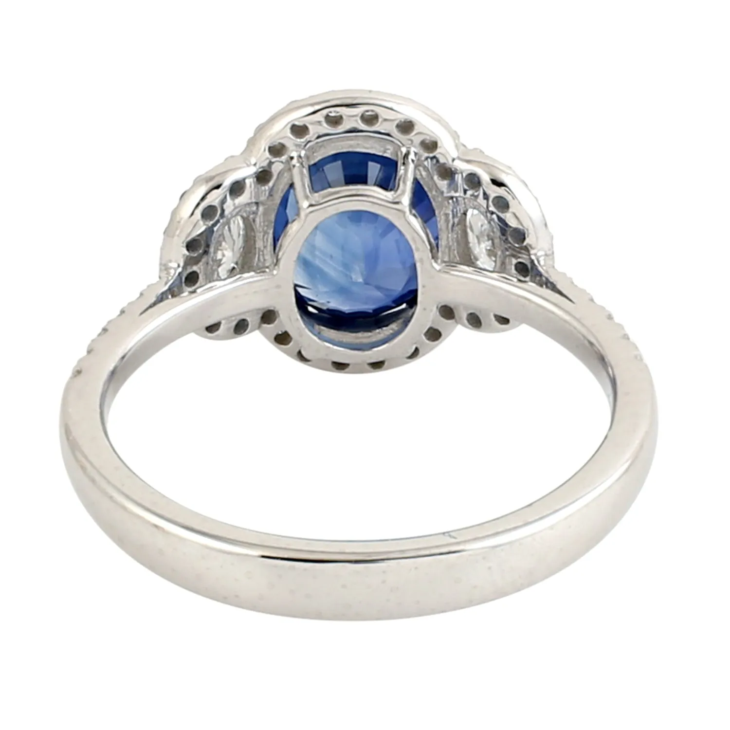 Blue Sapphire Pave Diamond Three Stone Ring In 18k Solid White Gold For Women