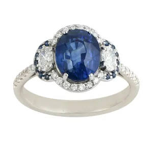 Blue Sapphire Pave Diamond Three Stone Ring In 18k Solid White Gold For Women