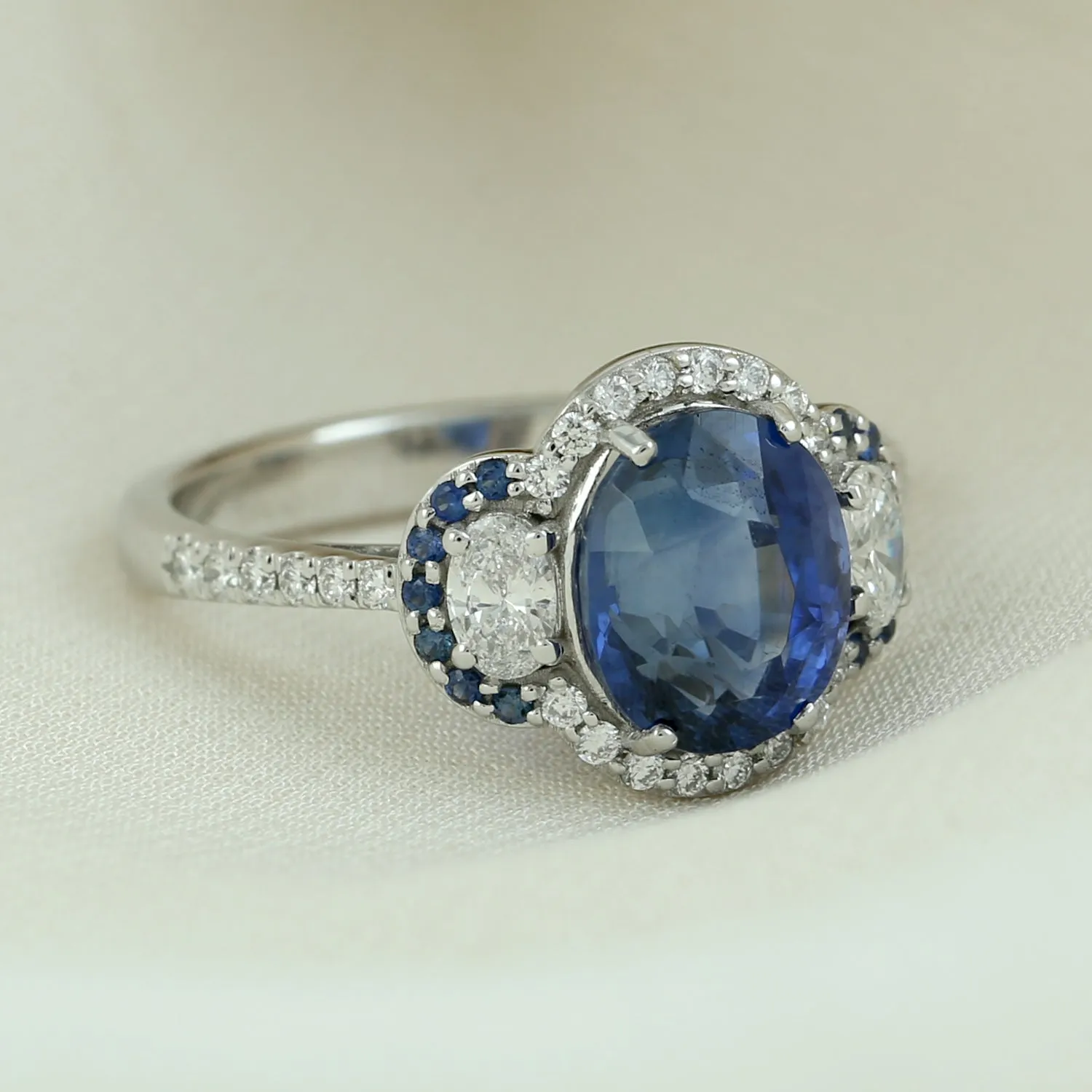 Blue Sapphire Pave Diamond Three Stone Ring In 18k Solid White Gold For Women