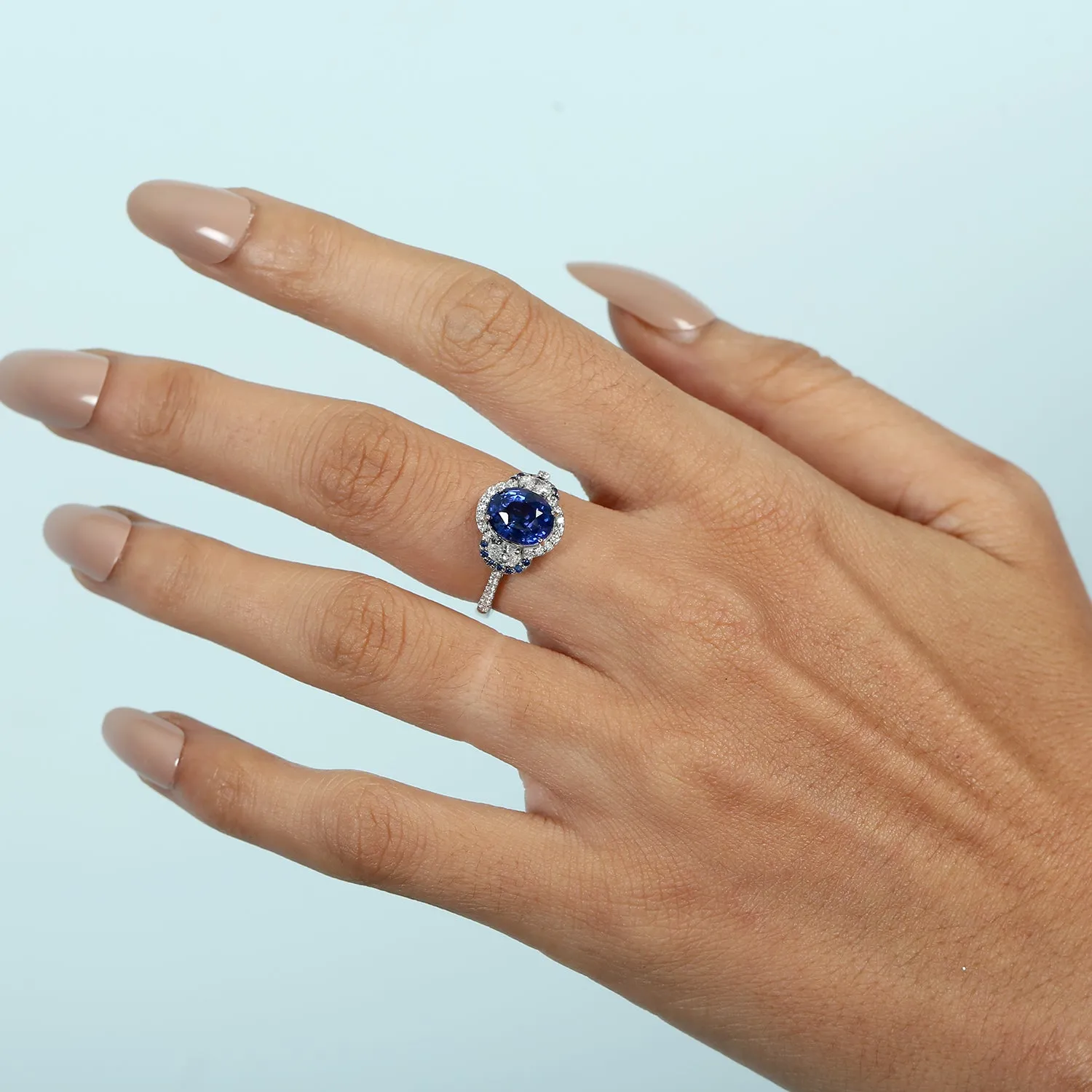 Blue Sapphire Pave Diamond Three Stone Ring In 18k Solid White Gold For Women