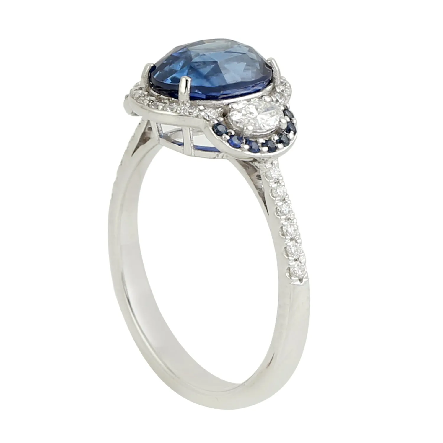 Blue Sapphire Pave Diamond Three Stone Ring In 18k Solid White Gold For Women