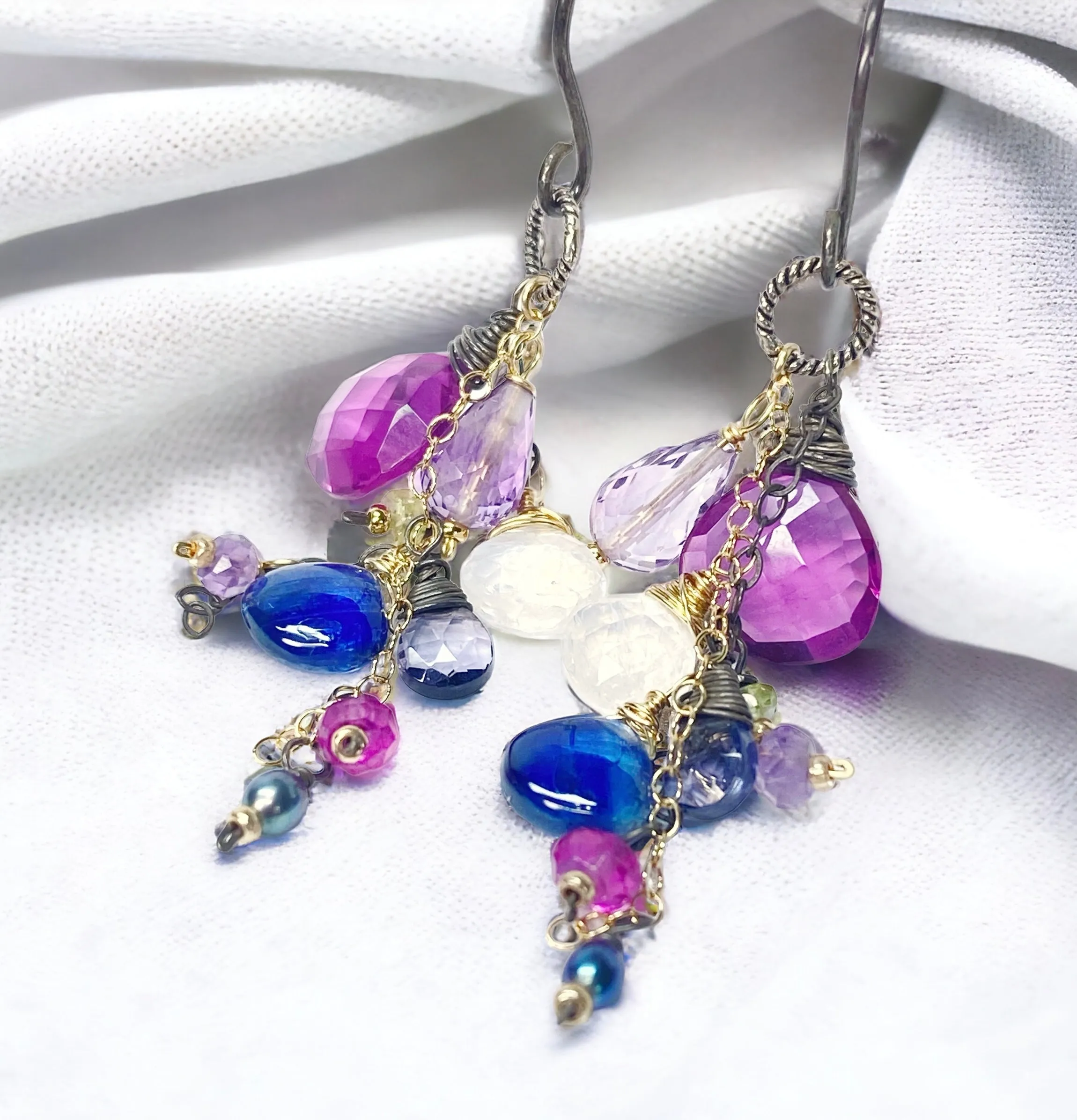 Blue Violet Gemstone Dangle Earrings, Mixed Metals