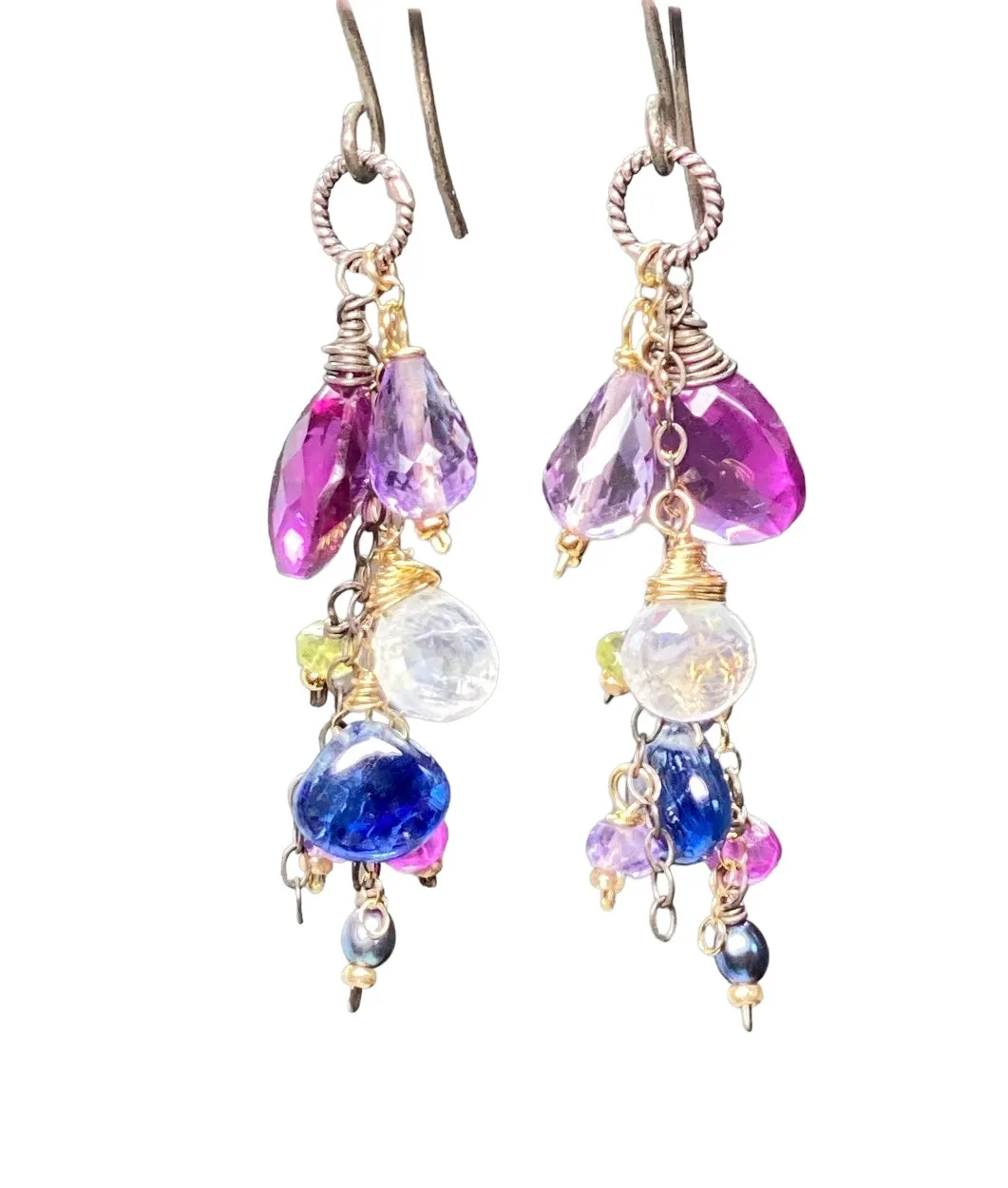 Blue Violet Gemstone Dangle Earrings, Mixed Metals