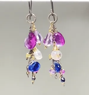 Blue Violet Gemstone Dangle Earrings, Mixed Metals
