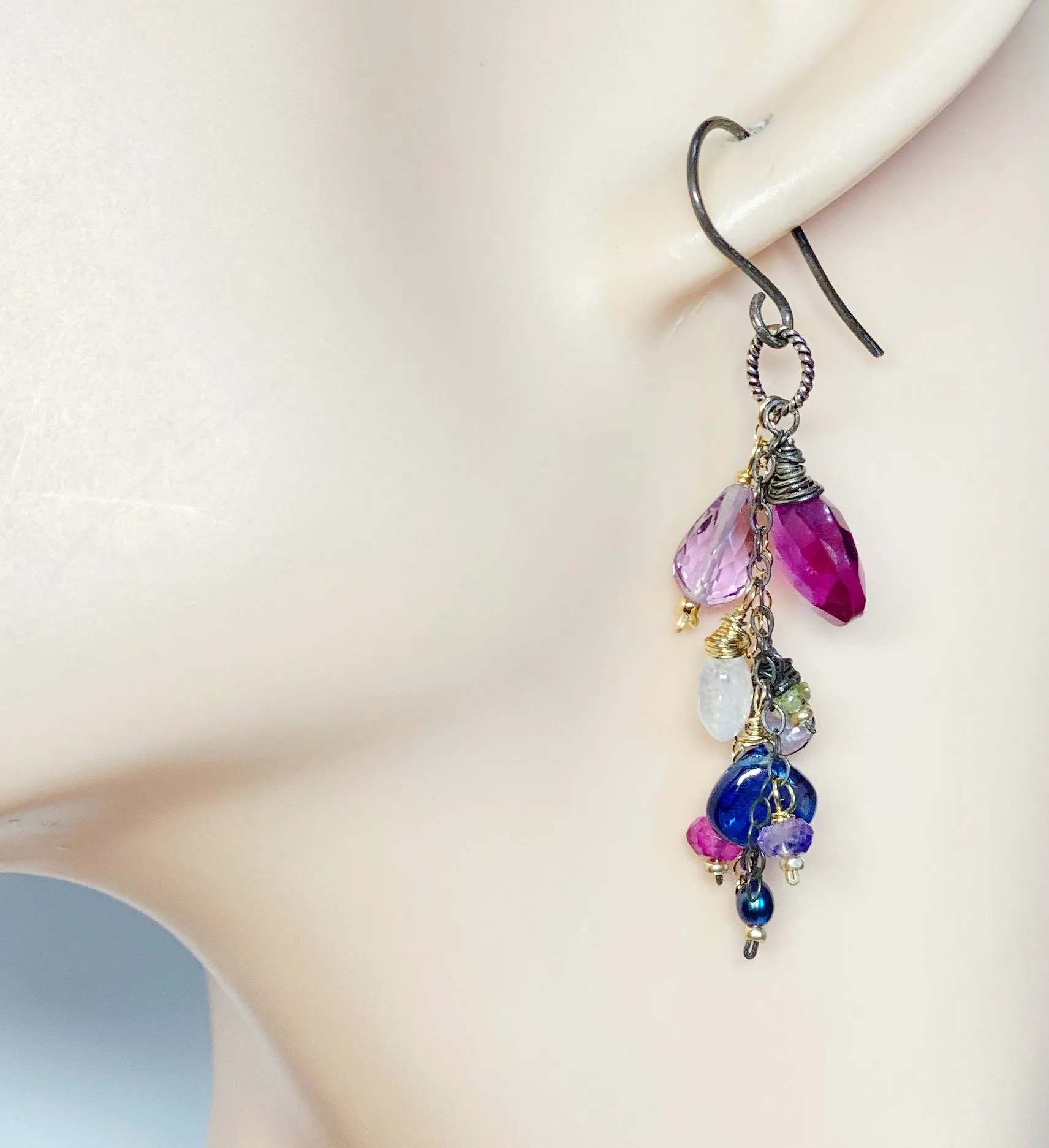 Blue Violet Gemstone Dangle Earrings, Mixed Metals