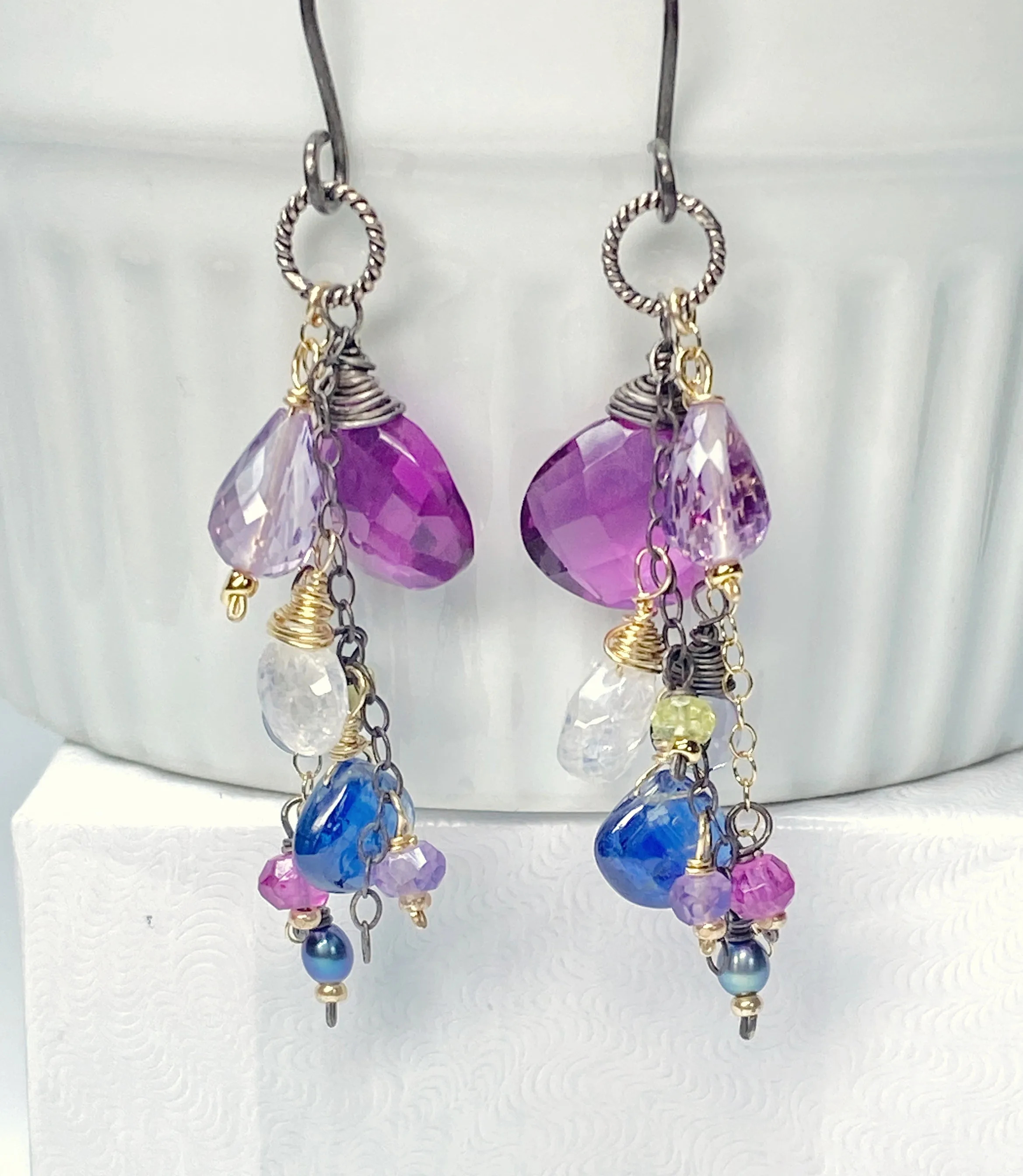Blue Violet Gemstone Dangle Earrings, Mixed Metals