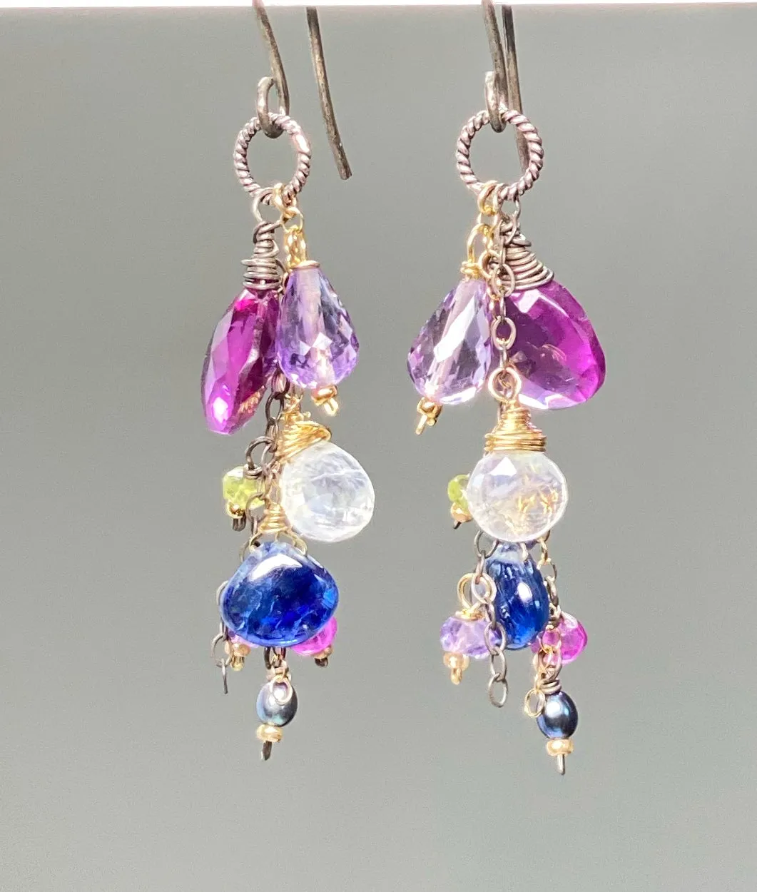Blue Violet Gemstone Dangle Earrings, Mixed Metals