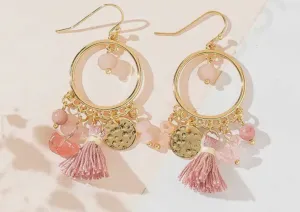 Boho & Mala Pink & Gold Crystal Tassel Drop Light Earrings