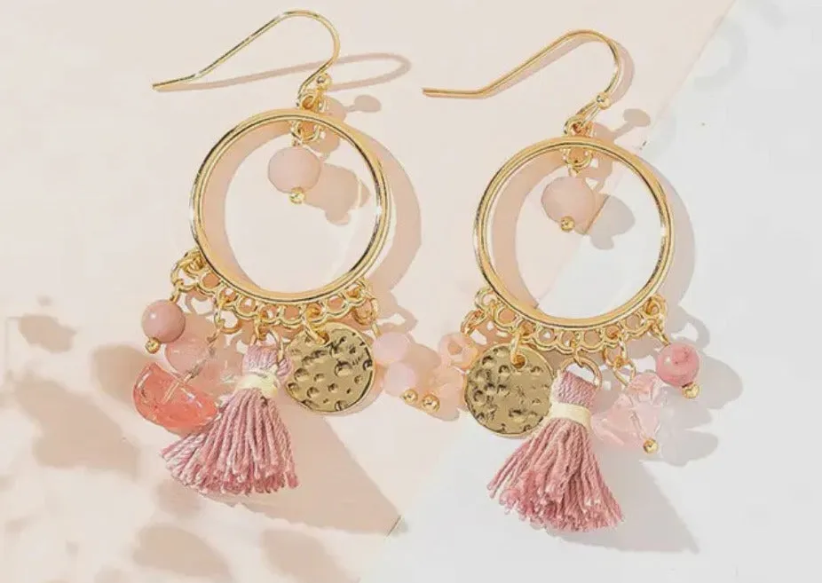 Boho & Mala Pink & Gold Crystal Tassel Drop Light Earrings