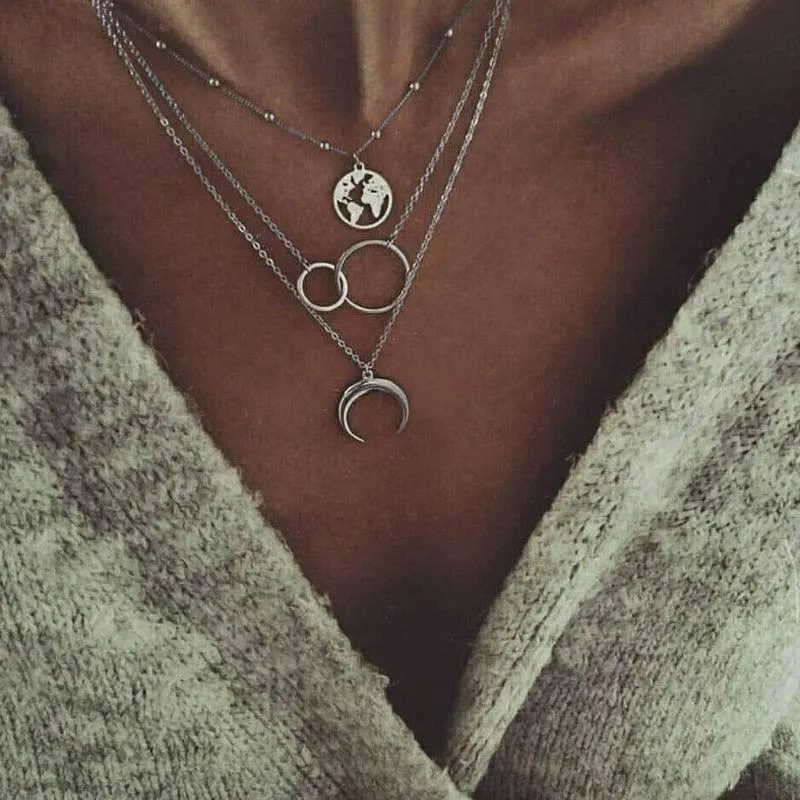 Boho Moon and World Map Pendant