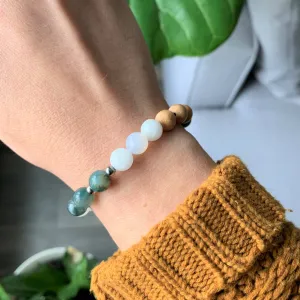 Bracelet diffuseur d'huiles essentielles pour femmes en pierres naturelles de quartz blanc et agate mousse, billes de bois de cèdre et inox
