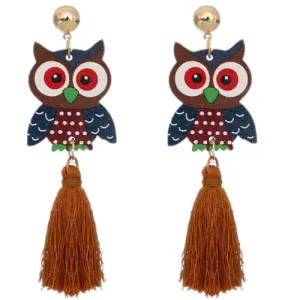 Brown Wooden Owl Tassel Earrings
